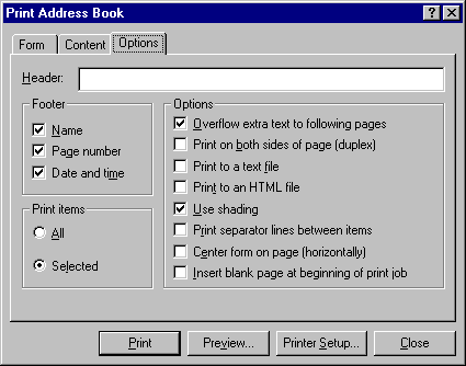 Print Address Book dialog box with the Options tab open