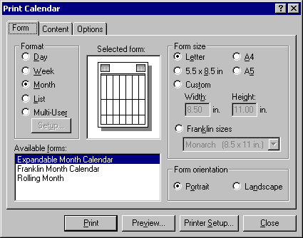 Print Calendar dialog box