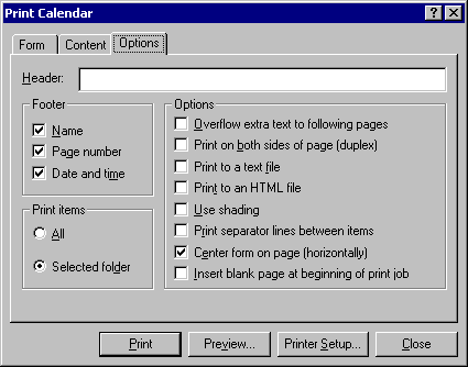 Print Calendar dialog box with the Options tab open