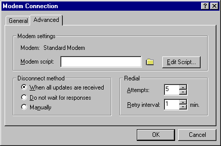 Modem Connection dialog box with the Advanced tab open