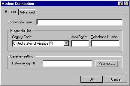 Modem Connection dialog box with the General tab open