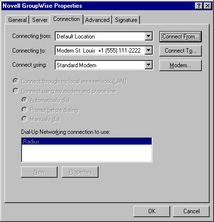 GroupWise Properties dialog box with the Connection tab open