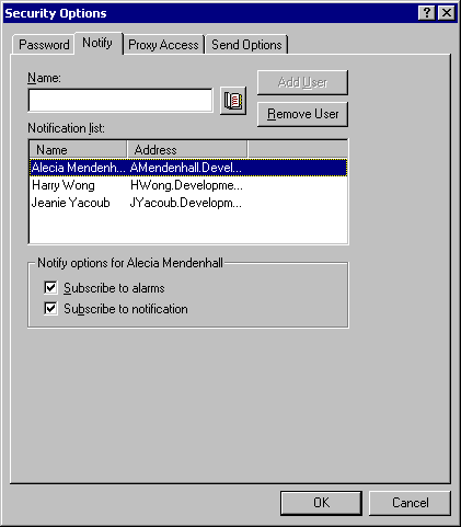 Security Options dialog box with the Notify tab open