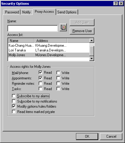 Security Options dialog box with the Proxy Access tab open