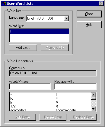 User Word Lists dialog box