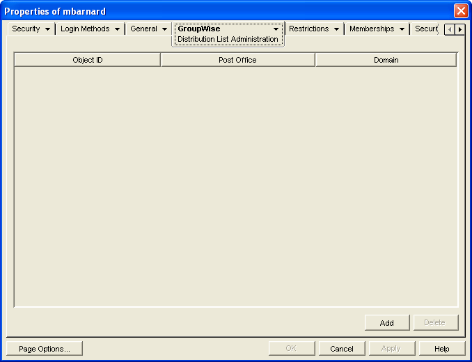 Distribution List Administration property page of a User object