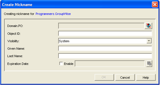 Create Nickname dialog box