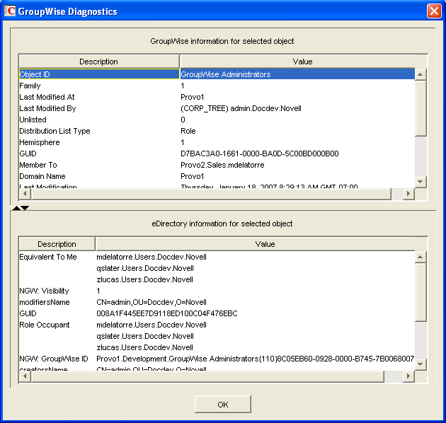 GroupWise Debug dialog box