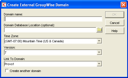 Create External GroupWise Domain dialog box