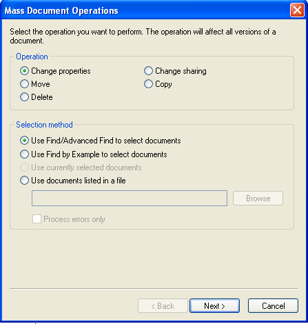 Mass Document Operations dialog box