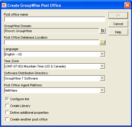 Create GroupWise Post Office dialog box