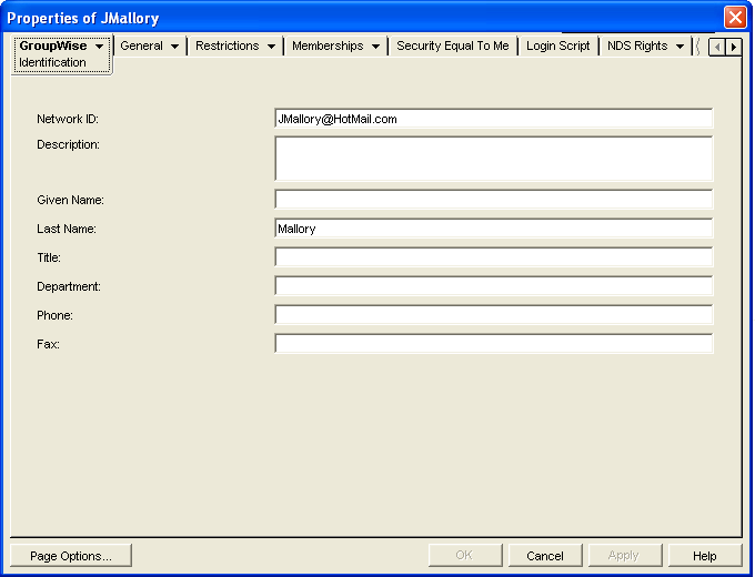 GroupWise Identification property page