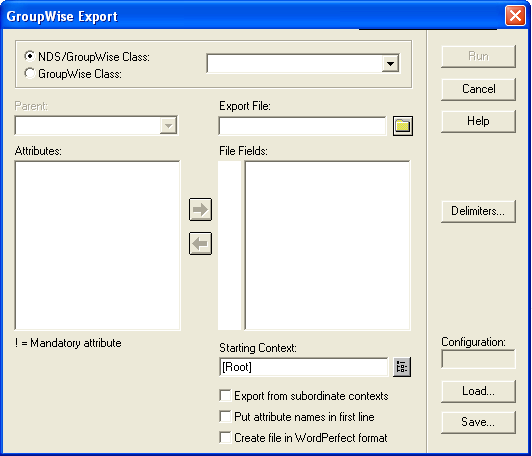 GroupWise Export dialog box