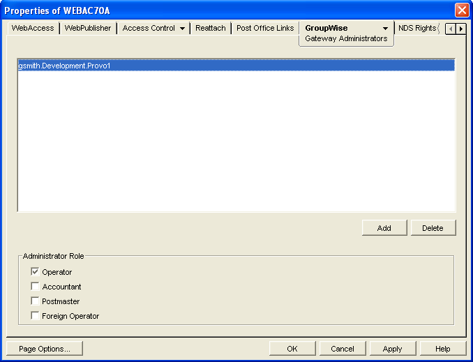 Gateway Administrators property page with the new administrator added to the list