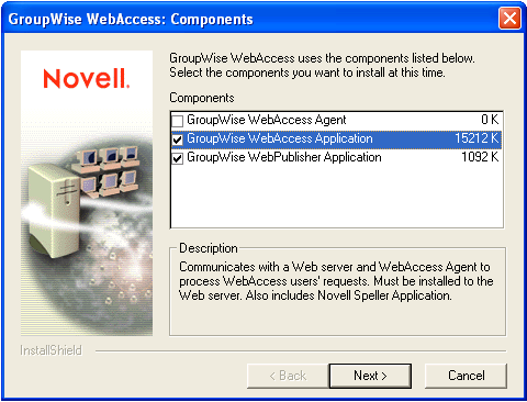 GroupWise WebAccess: Components dialog box