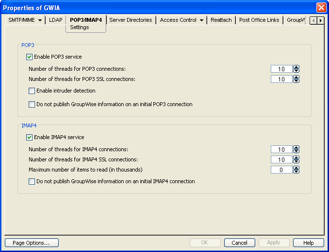 POP3/IMAP4 page on the Internet Agent object in ConsoleOne