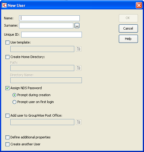 New User dialog box in ConsoleOne