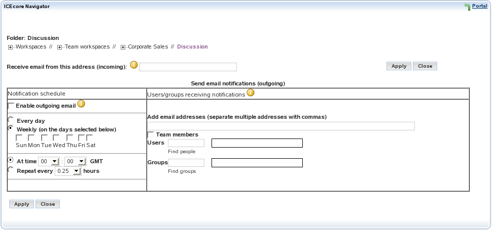 Email Settings properties of a Teaming folder