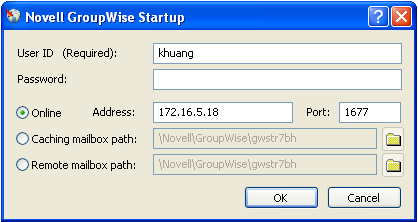 Novell GroupWise Startup dialog box