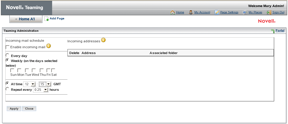 Configure Site Incoming Email Schedule page of the ICEcore Administration portlet