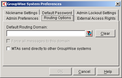 GroupWise System Preferences dialog box with the Routing Options tab displayed