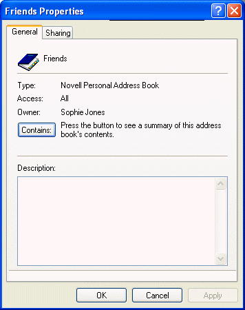 Properties dialog box for an address book, General tab open