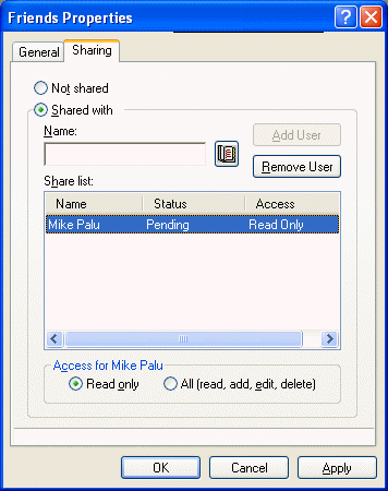 Properties dialog box for an address book, Sharing tab open