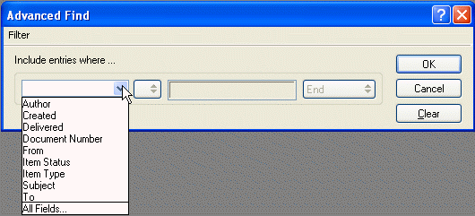 Advanced Find dialog box