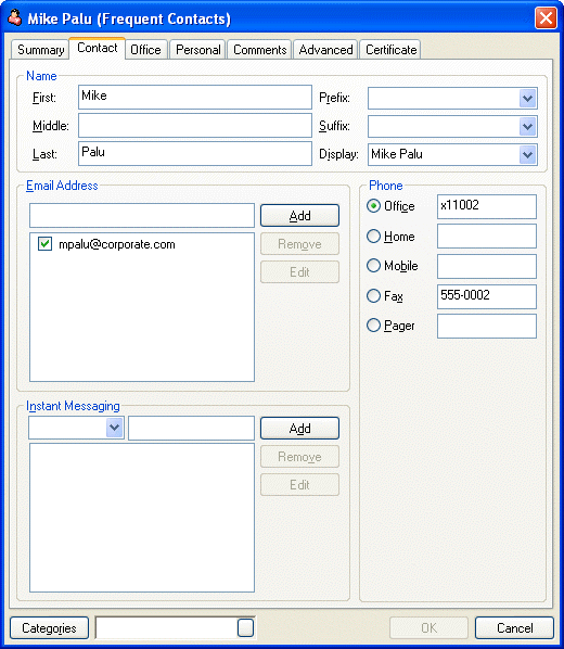 Contacts dialog box