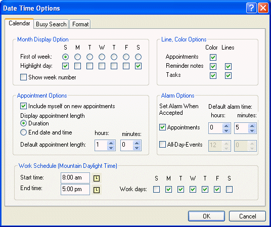 Date Time Options dialog box with the Calendar tab open