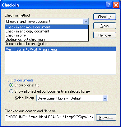 Check-In dialog box with Check In and Move Document selected on the drop-down list