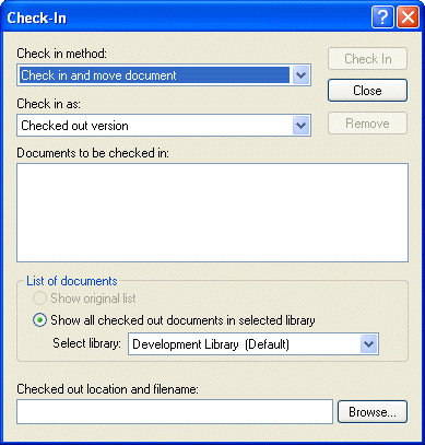 Check-In dialog box