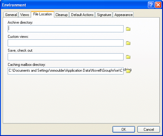 Environment dialog box with the File Location tab open