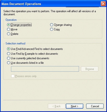 Mass Document Operations dialog box