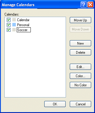 The Manage Calendars dialog box