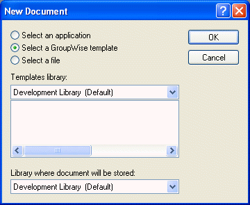 New Document dialog box with the Select a GroupWise Template option enabled