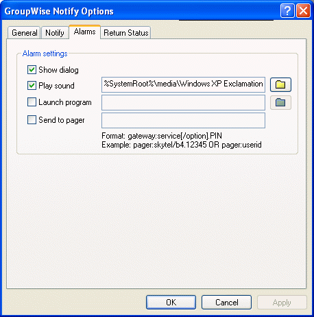 Notify Options dialog box with the Alarms tab open