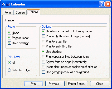 Print Calendar dialog box with the Options tab open