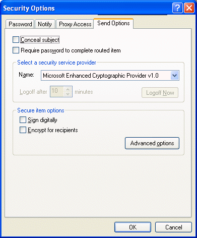 Security dialog box with the Send Options tab open