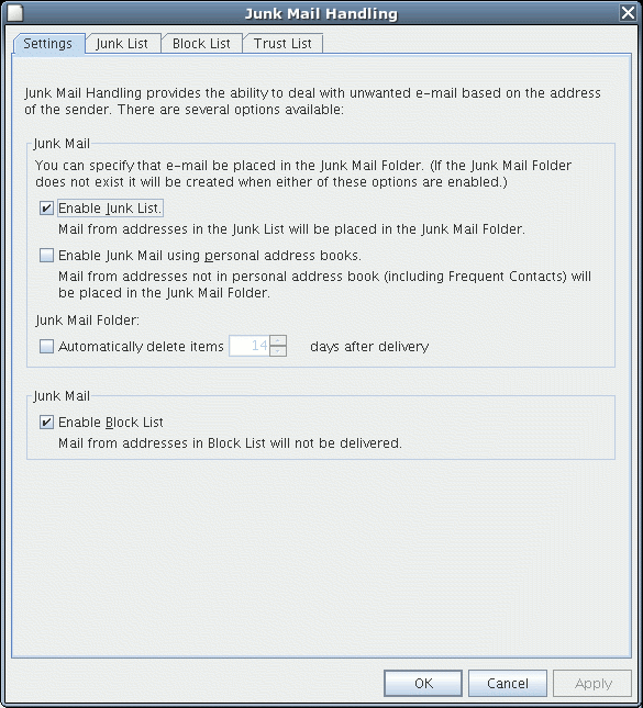 Junk Mail Handling dialog box showing the Settings tab