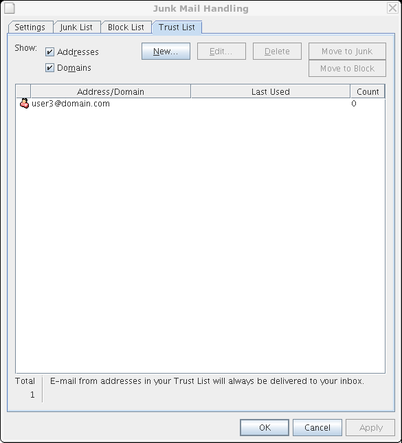 Junk Mail Handling dialog box showing the Trust List tab