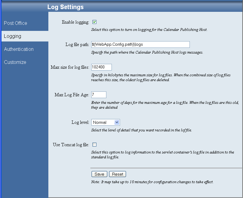 Log Settings page