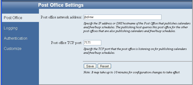 Post Office Settings page