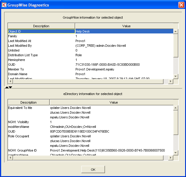 GroupWise Debug dialog box