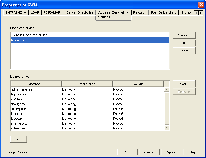 Access Control Settings property page with the new class of service and its members displayed