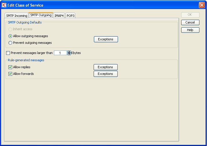 SMTP Outgoing tab of the Edit Class of Service dialog box