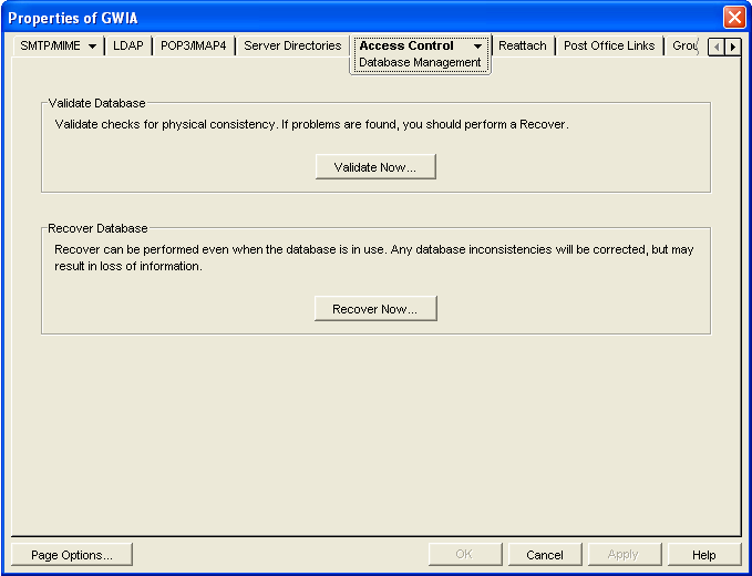 Database Management property page