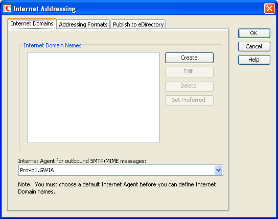 Internet Domains tab in the Internet Addressing dialog box