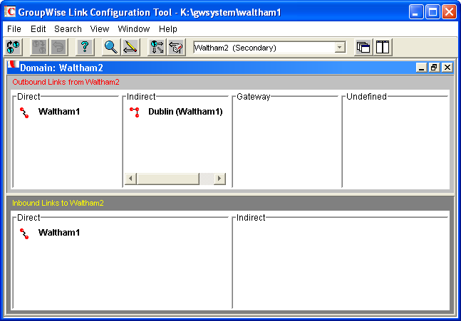 Link Configuration utility with the Cambridge domain listed in the Indirect column