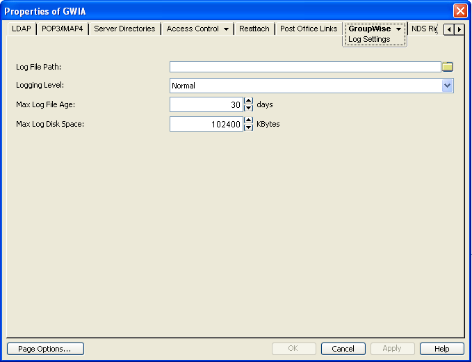 Log Settings property page